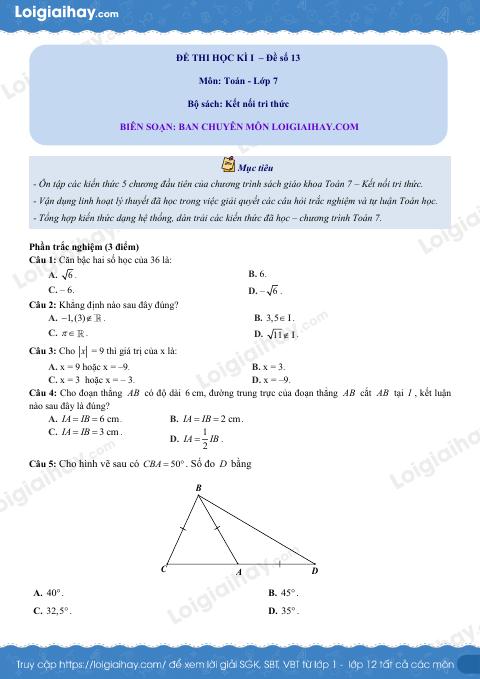 Đề thi học kì 1 Toán 7 - Đề số 13 - Kết nối tri thức